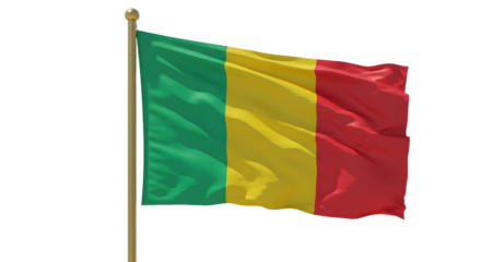 Flag of Mali waving on flagpole against white background for national and cultural representation