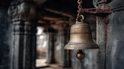 Obraz premium An old quiet brass bell with hanging on a temple archway, Ancient metal bell, Traditional brass temple bell hanging on chain 