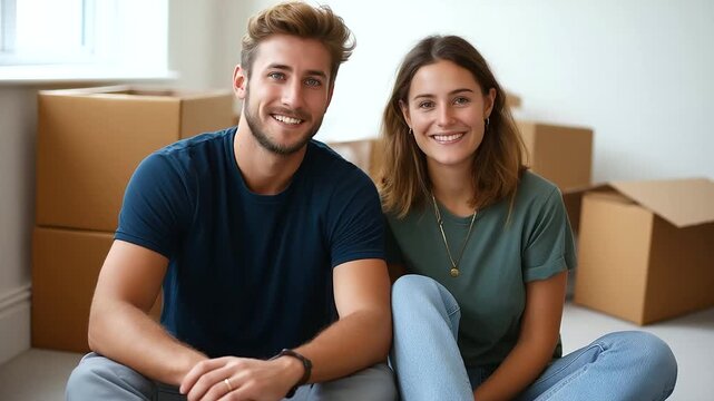 Freshly moved in home setting with a joyful pair building flat pack furniture together representing new beginnings, relationship bonding, teamwork at home, domestic life, joyful living