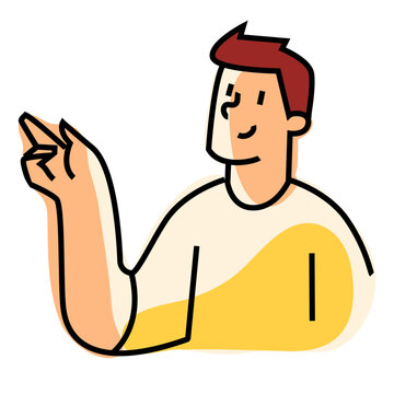 Illustrazione flat di un giovane uomo sorridente che indica con la mano&nbsp;&ndash; avatar minimal moderno ideale per presentazioni digitali, infografiche, call-to-action e onboarding.