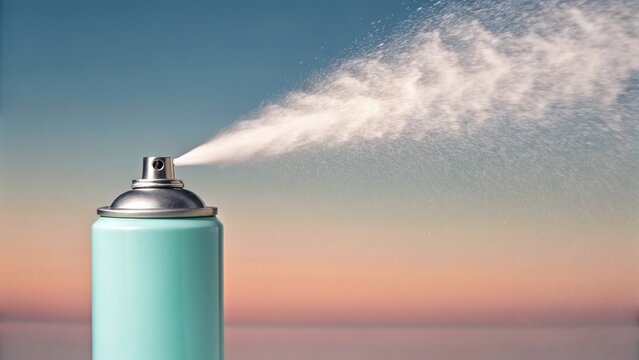 Closeup of a blue aerosol spray can releasing a stream of mist against a vibrant sunset sky, showcasing the products refreshing and protective qualities