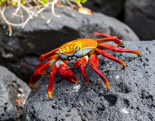 Vibrant crab on dark volcanic rock