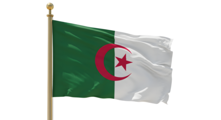 Algerian national flag waving on pole with green, white, red star and crescent symbol representing Algeria, perfect for cultural and patriotic events
