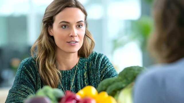 Sleek office setting with a professional nutritionist advising a client on meal planning representing healthy lifestyle, personalized diet, wellness coaching, nutrition guidance, preventive healthcare