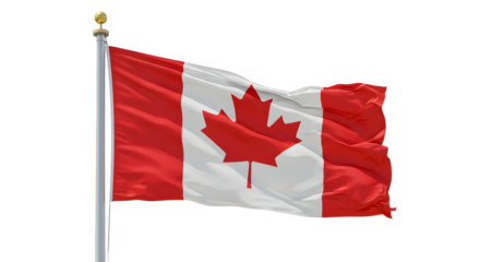 Canadian flag waving against a white background, symbol of Canada and Canadian identity, perfect for national or patriotic themes