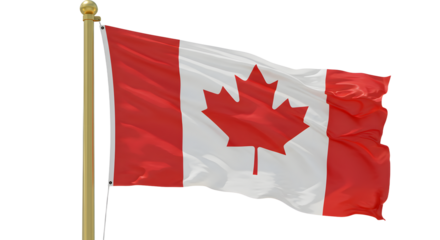 Canadian flag waving on pole with white background, symbol of Canada, perfect for national holidays and celebrations