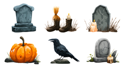 Cartoon-style Halloween tombstones, pumpkin, candles, and a black crow set for spooky decorations and holiday themes