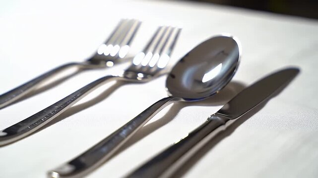 Close Up Silver Fork Spoon and Knife on White Table Minimalist Design
