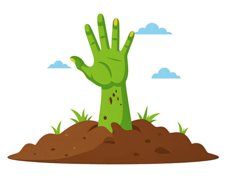 A cartoon zombie hand emerging from a grave, reaching upwards against a white background.