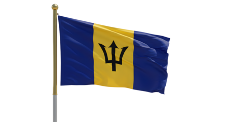 Flag of Barbados waving on pole isolated on white background, national symbol of Caribbean island country, perfect for travel and cultural projects