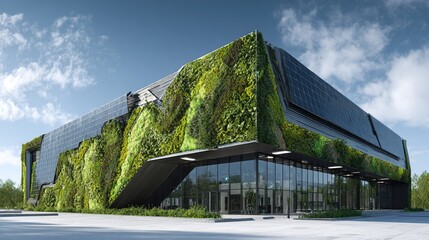 Futuristic eco-friendly data center with lush green wall exterior and integrated solar panels demonstrating sustainable architecture and renewable energy solutions on a sunny day with clear blue sky.