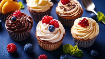 Colorful cupcakes decorated with fresh berries and chocolate toppings