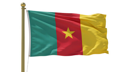 Flag of Cameroon waving on flagpole against white background, national symbol for independence and patriotism