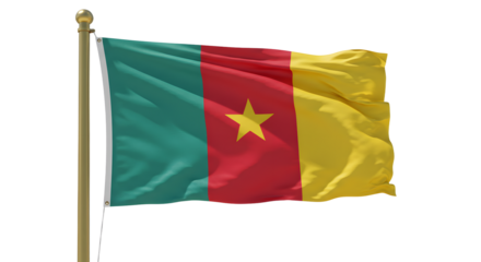 Flag of Cameroon waving on flagpole against white background, national symbol for independence and patriotism