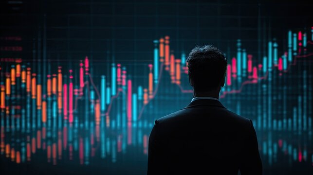 Businessman observes stock market trends on digital display