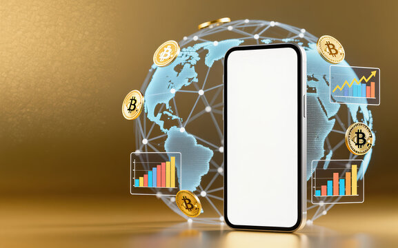 Global cryptocurrency concept with blank screen mockup beside digital world map bitcoin coins and financial charts