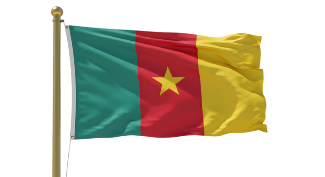 Flag of Cameroon waving on flagpole against white background, national symbol for independence and patriotism