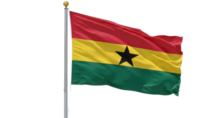 Flag of Ghana waving on pole isolated on white background, symbol of African country Ghana, perfect for educational and cultural projects