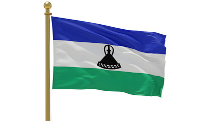 Flag of Lesotho waving on flagpole isolated on white background, national symbol of Lesotho