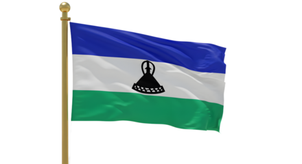 Flag of Lesotho waving on flagpole isolated on white background, national symbol of Lesotho