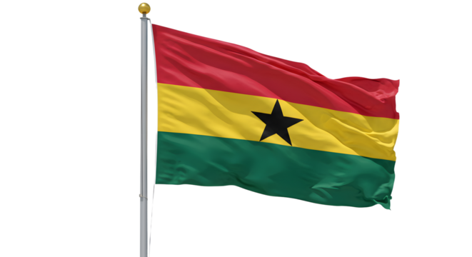 Flag of Ghana waving on pole isolated on white background, symbol of African country Ghana, perfect for educational and cultural projects