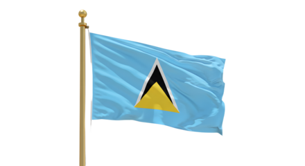 Flag of Saint Lucia waving on pole against white background, symbol of Caribbean island nation, perfect for travel and cultural projects