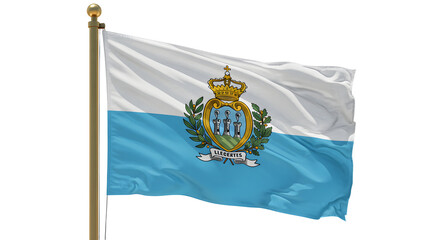 Flag of San Marino waving on flagpole with clear sky background, symbol of European microstate and national identity