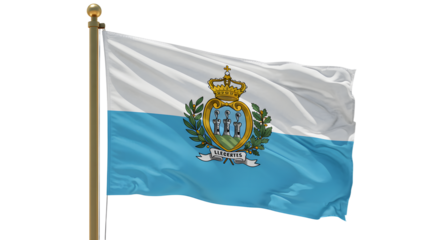 Flag of San Marino waving on flagpole with clear sky background, symbol of European microstate and national identity