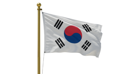 Flag of South Korea waving on a golden pole isolated on white background, symbol of Korean culture and nation