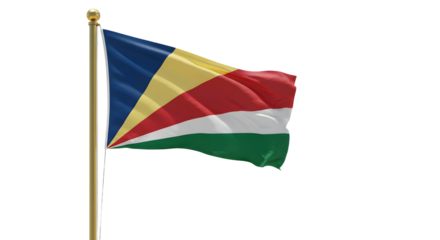 Flag of Seychelles waving on a flagpole isolated on black background, national symbol and patriotic icon