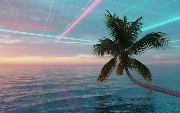 Sunset serenity: A palm tree silhouettes against a pink-tinged sky and tranquil ocean, with a virtual grid overlay adding a futuristic touch.