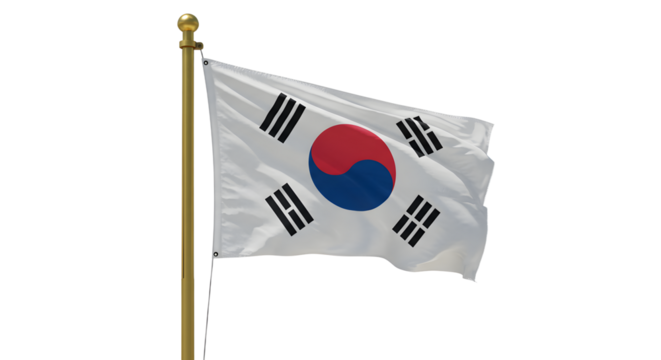 Flag of South Korea waving on a golden pole isolated on white background, symbol of Korean culture and nation