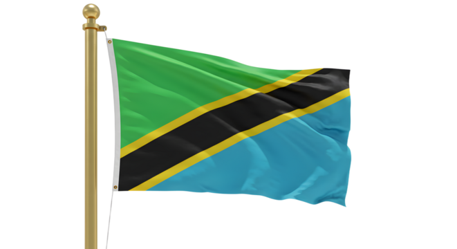 Flag of Tanzania waving on flagpole isolated on white background, national symbol, perfect for patriotic events and educational projects