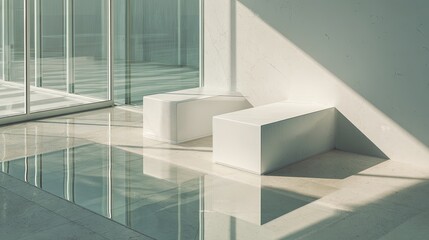 Obraz premium Modern minimalist seating area, sunlit, glass walls, polished floors