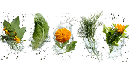 Fresh green herbs and marigold flowers floating in water with splashes, isolated on white background, perfect for food and wellness projects