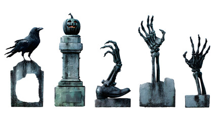 Halloween props with creepy hands emerging from graves, tombstones, a crow, and jack-o-lantern perfect for haunted house decorations