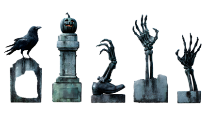 Halloween props with creepy hands emerging from graves, tombstones, a crow, and jack-o-lantern perfect for haunted house decorations