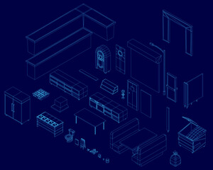 A detailed kitchen blueprint features a refrigerator, sink, stove, oven, and cabinets arranged for practical use. The wireframe design contrasts sharply against the blue background.
