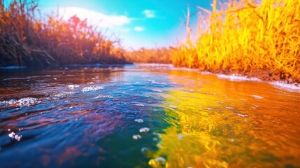 Sunlight sparkles on stream surrounded by vibrant yellow grass on a warm day