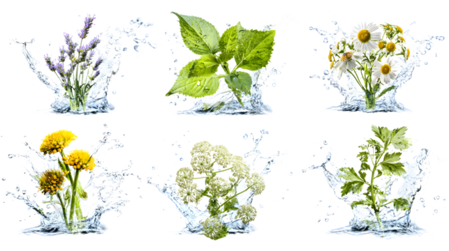 Fresh medicinal herbs with water splash isolated on white background, perfect for natural health and wellness concepts