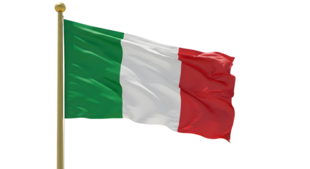 Italian flag waving on a flagpole isolated on white background, symbol of Italy and patriotism