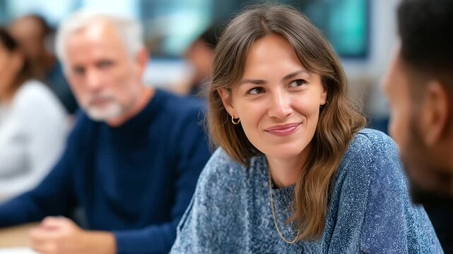 Classroom setting with a dynamic adult language class fostering conversation and active participation representing lifelong learning, communication skills, cultural exchange