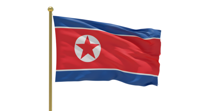 North Korea national flag waving on flagpole, isolated on white background, perfect for international relations or geopolitical projects