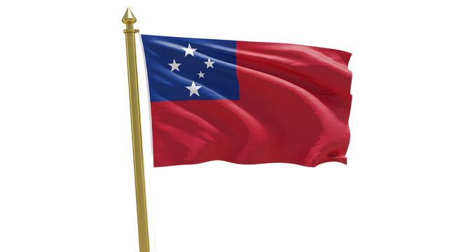 Samoa national flag waving with wooden flagpole, patriotic symbol of Polynesian island nation, perfect for independence day celebrations