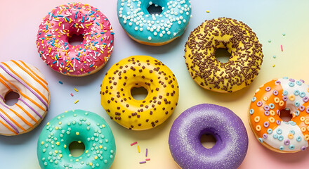 A collection of bright donuts with colorful icing and sprinkles on a pastel background.