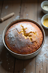 Golden birthday cake with powdered sugar on wooden table  