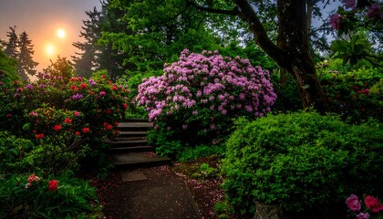 Lush garden path at dawn