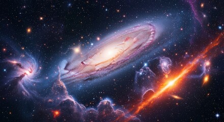 A colorful cosmos display featuring a bright galaxy star clusters and vibrant nebulae all set against a starry dark expanse