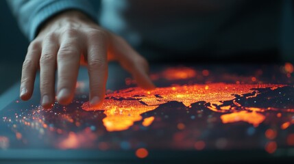Interactive touchscreen displays digital map with glowing cities in dark room