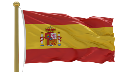 Spain flag waving in the wind isolated on white background, national symbol of Spain for travel and cultural projects